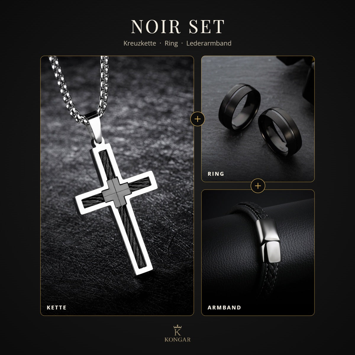Noir Set im Überblick: Kreuzkette, schwarzer Ring und Lederarmband