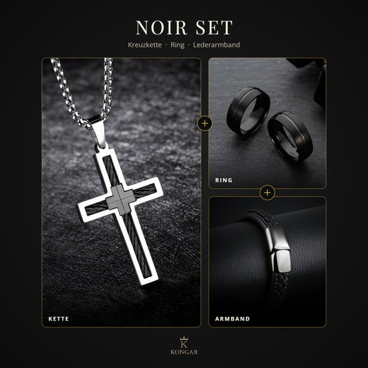 Noir Set im Überblick: Kreuzkette, schwarzer Ring und Lederarmband