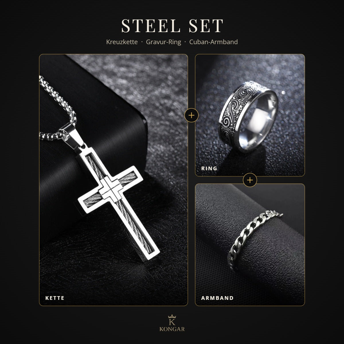 Steel Set im Überblick: Kreuzkette, Gravur-Ring und Cuban-Armband