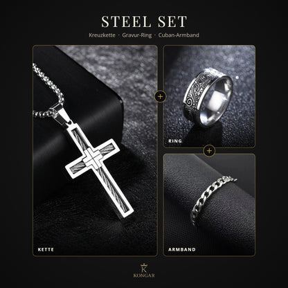 Steel Set im Überblick: Kreuzkette, Gravur-Ring und Cuban-Armband